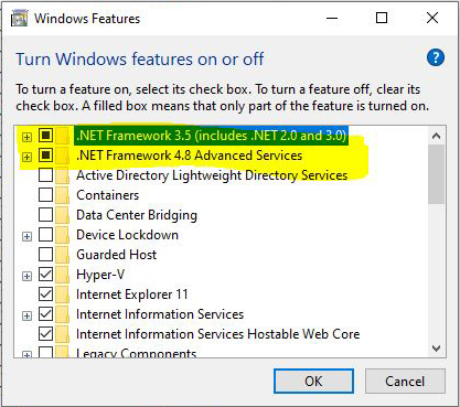 Enable Windows Features of .Net Framework